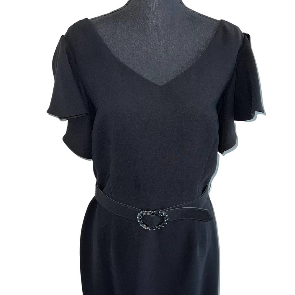 Tahari Black Sheath Dress Belted Buckle Flutter Sleeve Size 10